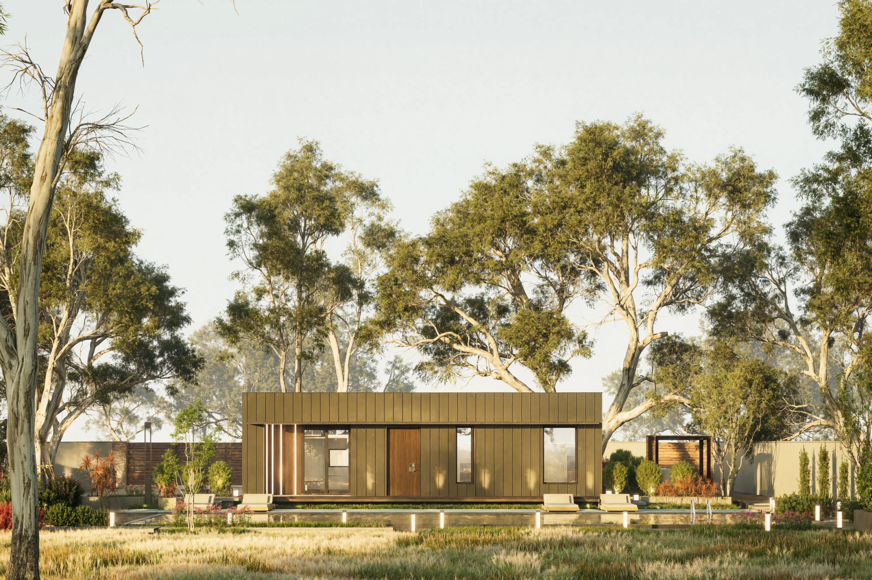 The One Bedroom across a summer meadow under gum trees