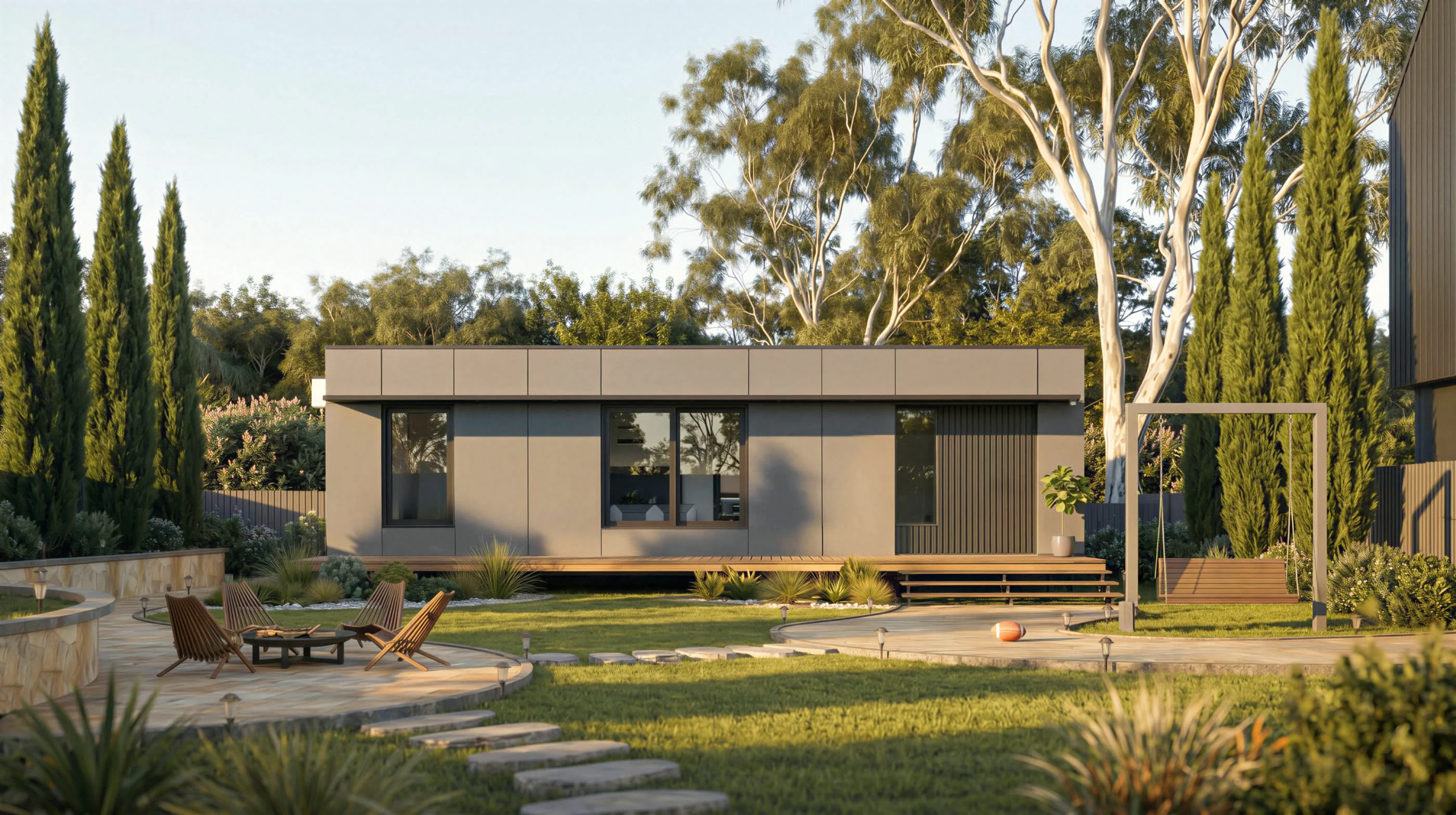 The Two Bedroom across a garden in late afternoon light